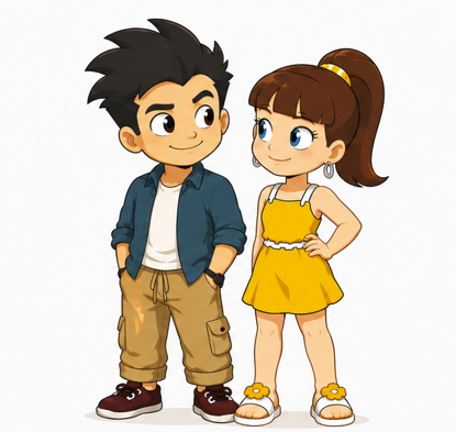 Two Humdo mascots, a young couple, standing side by side